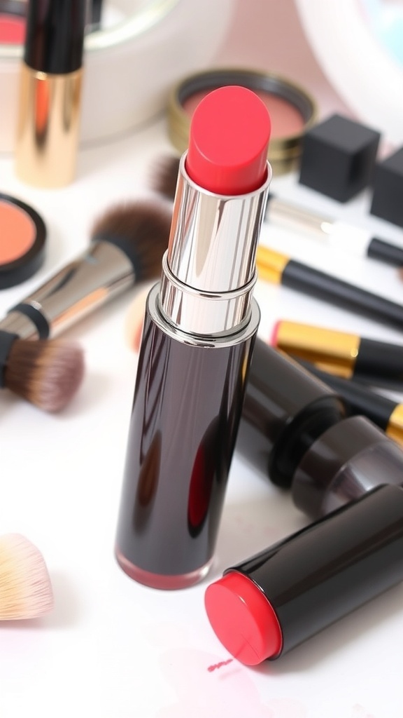 Romand Juicy Lasting Tint 4 Review Romand Juicy Lasting Tint 4 in a sleek tube on a vanity with makeup brushes.